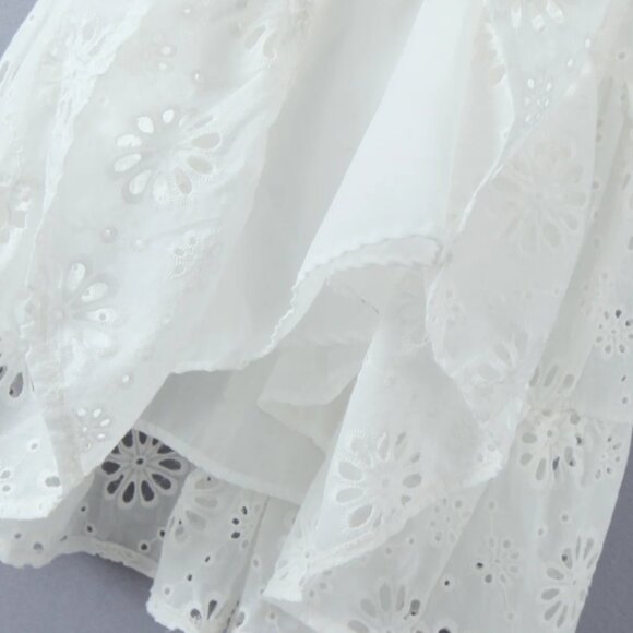 Women White Embroidery Hollow Out Hole Flower Short Puff Sleeve Mini Dress - Picture 7 of 16
